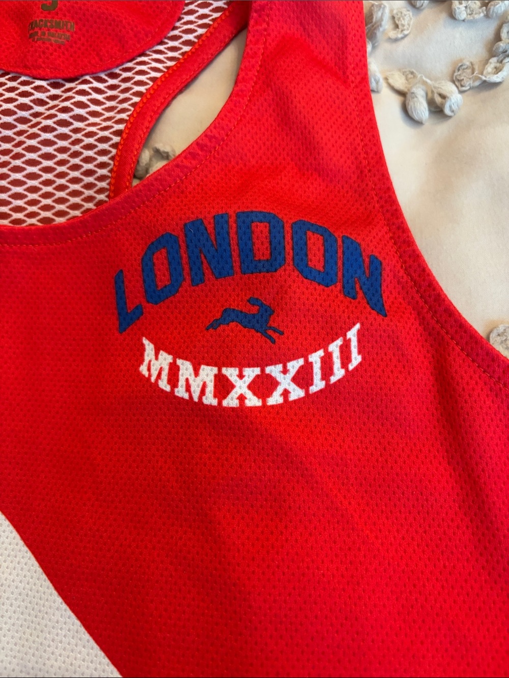 Tracksmith Red & White London Racerback Mesh Tank - Picture 3 of 5